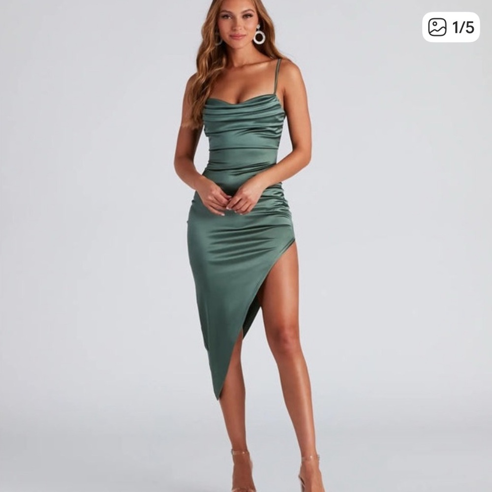 Elegant Asymmetrical Green Dress (Windsor - Midi Medium)